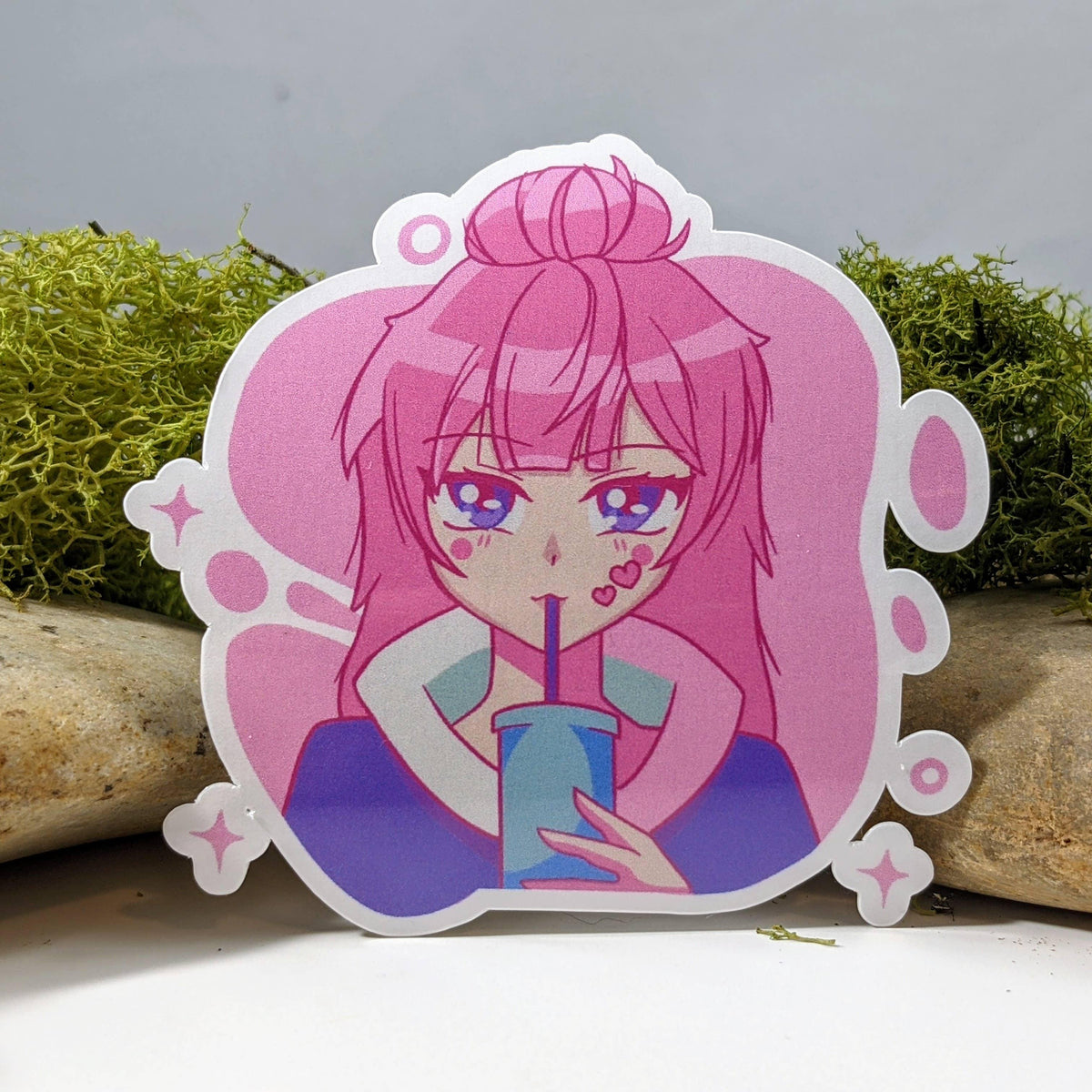 Anime Girl Drinking Boba Tea Kawaii Sticker - 3